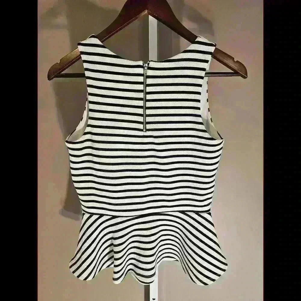 Green Envelope Striped Peplum Top – Classic Black and White - Picture 2 of 3